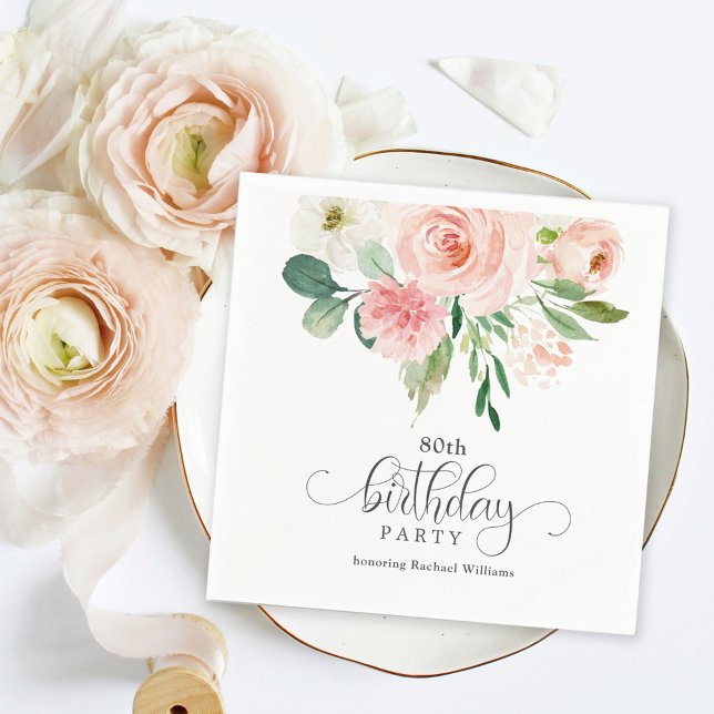 Blush Pink Feminine Floral 80th Birthday Party Napkin (Creator Uploaded)