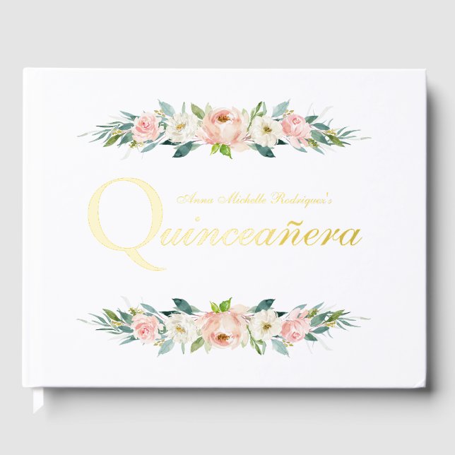 Blush Pink Feminine Floral Quinceañera Guest Book (Front)