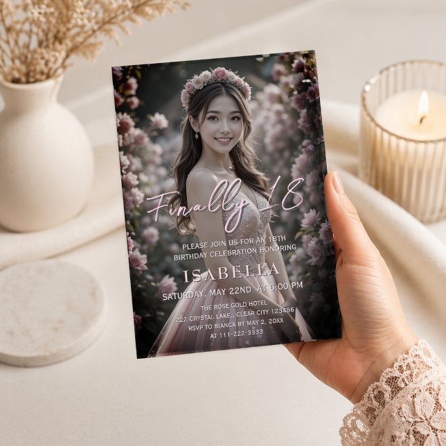 Blush Pink Finally 18 Photo Invitation (Blush pink 18th birthday photo invitation held in hand with soft romantic floral design)