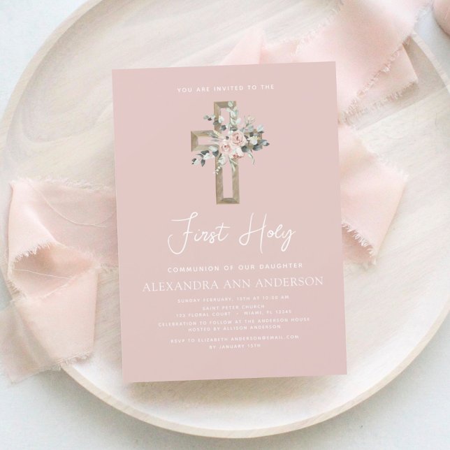 Blush Pink First Holy Communion Floral Invitation (Creator Uploaded)