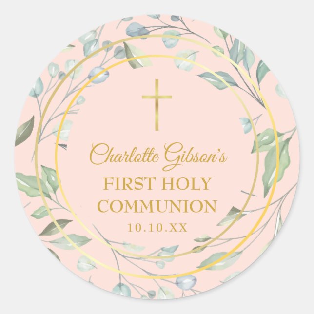 Blush Pink First Holy Communion Greenery Classic Round Sticker (Front)