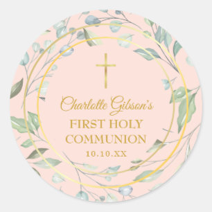 Blush Pink First Holy Communion Greenery Classic Round Sticker