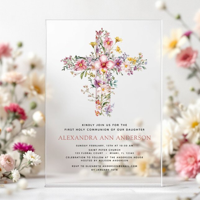 Blush Pink First Holy Communion Rose Greenery Acrylic Invitations (Creator Uploaded)