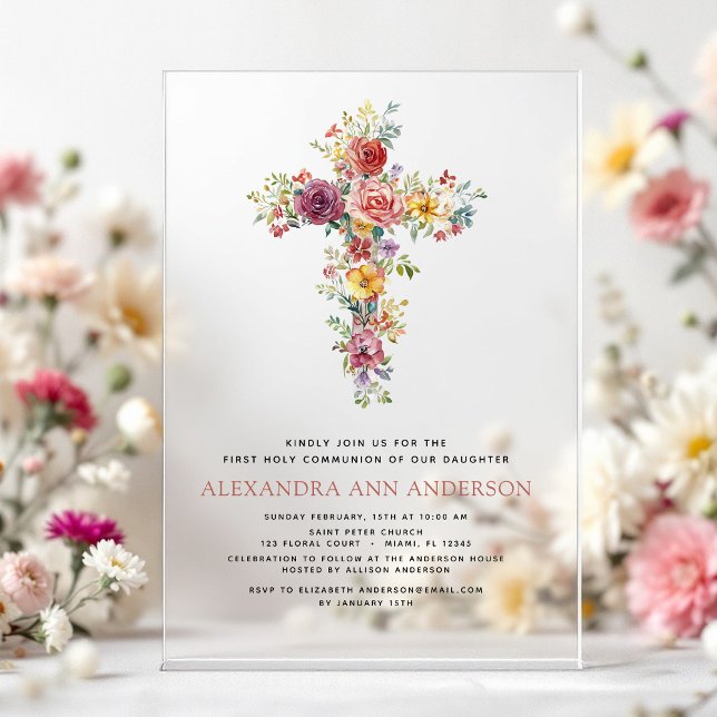 Blush Pink First Holy Communion Rose Greenery Acrylic Invitations (Creator Uploaded)
