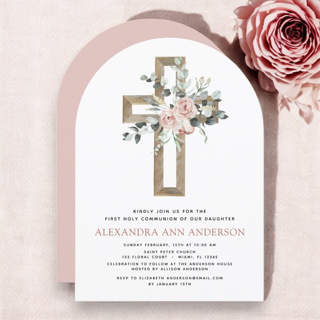 Blush Pink First Holy Communion Rose Greenery Invitation (Creator Uploaded)