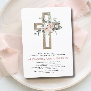 Blush Pink First Holy Communion Rose Greenery Invitation