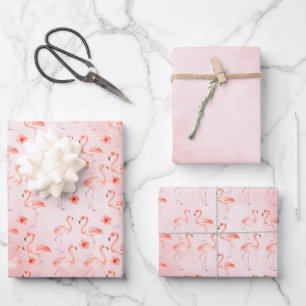 Blush Pink Flamingos Hibiscus Floral Wrapping Paper Sheet