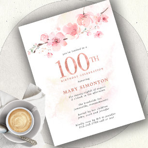 Blush Pink Floral 100th Birthday Invitation Postcard