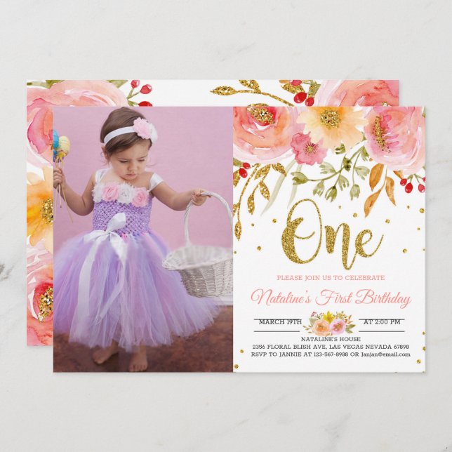 Blush pink floral 1st birthday photo invitation (Front/Back)