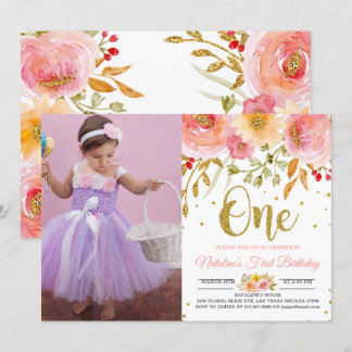 Blush pink floral 1st birthday photo invitation