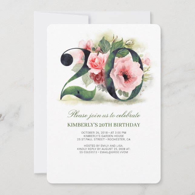 Blush Pink Floral 20th Birthday Party Invitation (Front)