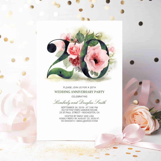 Blush Pink Floral 20th Wedding Anniversary Invitation (20th Wedding Anniversary Invitations)