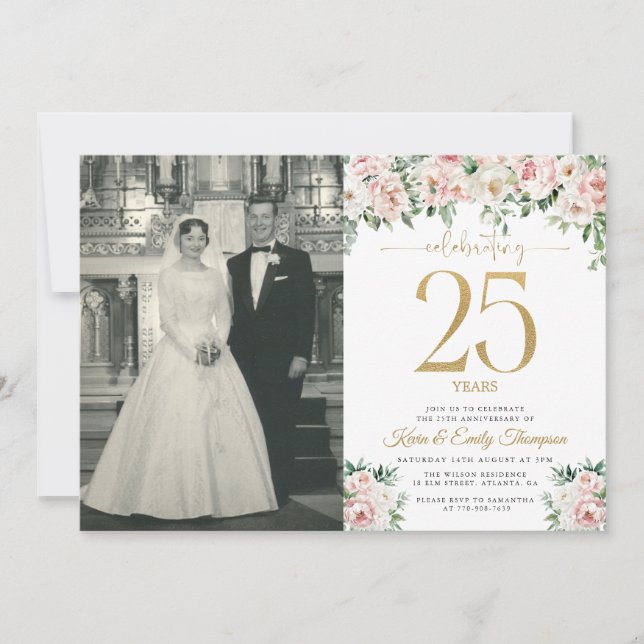 Blush Pink Floral 25th Anniversary  Invitation (Front)