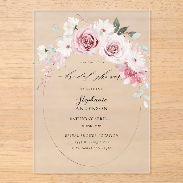 Blush Pink Floral 2 Bridal Shower  Acrylic Invitations (Front)