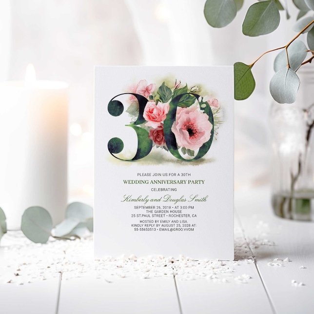 Blush Pink Floral 30th Wedding Anniversary Invitation (30th Wedding Anniversary Invitations)