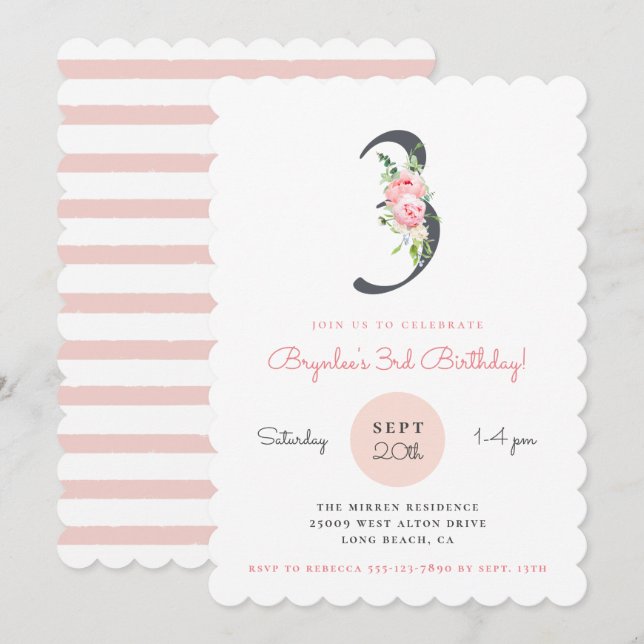 Blush Pink Floral 3rd Birthday Invitation (Front/Back)