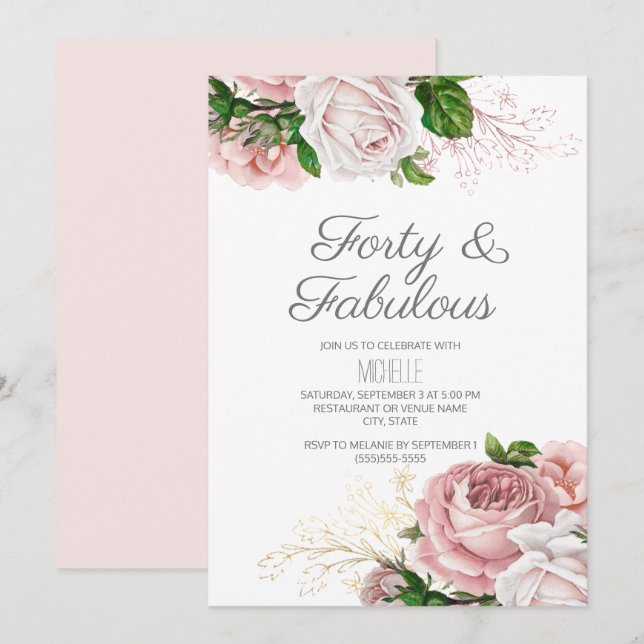 Blush Pink Floral 40 and Fabulous Birthday Invitation (Front/Back)