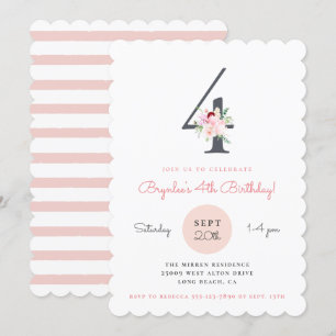 Blush Pink Floral 4th Birthday Party Invitation