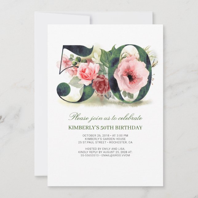 Blush Pink Floral 50th Birthday Party Invitation (Front)