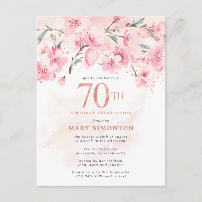 Blush Pink Floral 70th Birthday Invitation Postcar (Front)