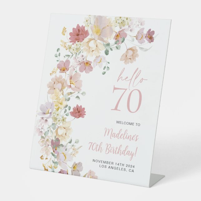 Blush Pink Floral 70th Birthday Welcome Pedestal Sign (Front)