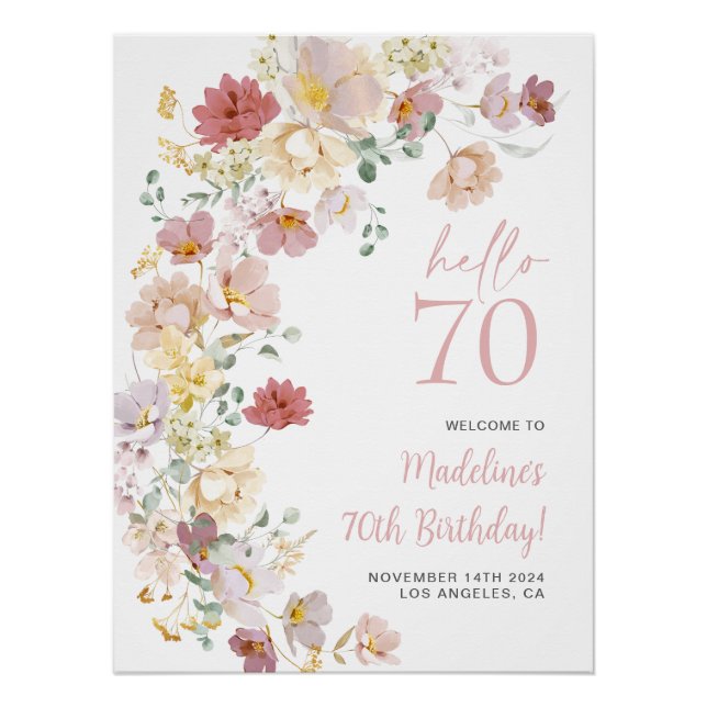 Blush Pink Floral 70th Birthday Welcome Poster (Front)