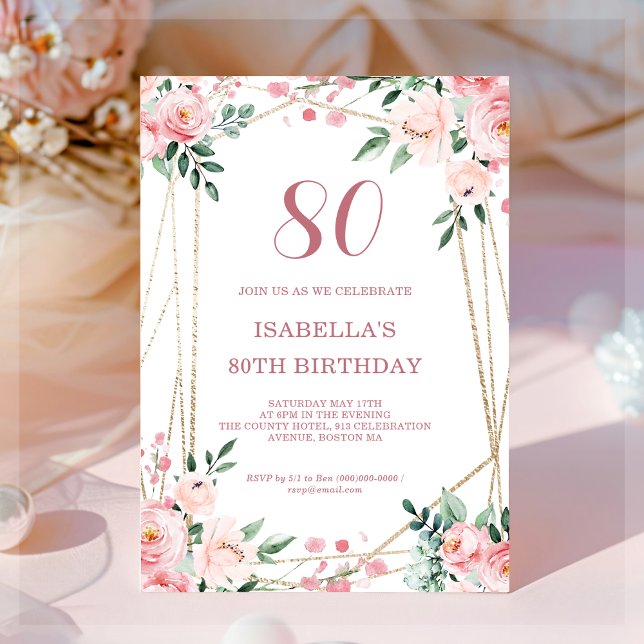 Blush Pink Floral 80th Birthday Invitation (Creator Uploaded)