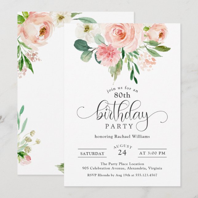 Blush Pink Floral 80th Birthday Party Invitation (Front/Back)