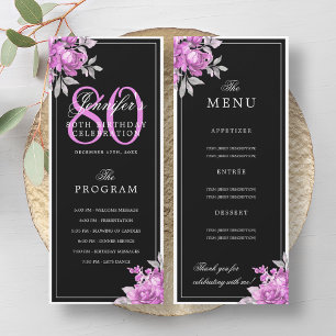 Blush Pink Floral 80th Birthday Program Menu Black Invitation
