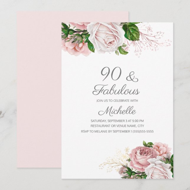 Blush Pink Floral 90 and Fabulous Birthday Invitation (Front/Back)