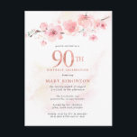 Blush Pink Floral 90th Birthday Invitation Postcard<br><div class="desc">A lovely pink floral arrangement of cherry blossoms on a branch. 90th is written in large rose gold numbers. A soft pink watercolor wash gives the white background a warm touch.</div>