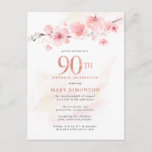 Blush Pink Floral 90th Birthday Invitation Postcard<br><div class="desc">A lovely pink floral arrangement of cherry blossoms on a branch. 90th is written in large rose gold numbers. A soft pink watercolor wash gives the white background a warm touch.</div>