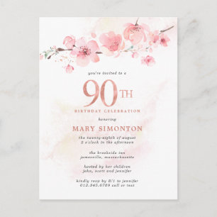 Blush Pink Floral 90th Birthday Invitation Postcard