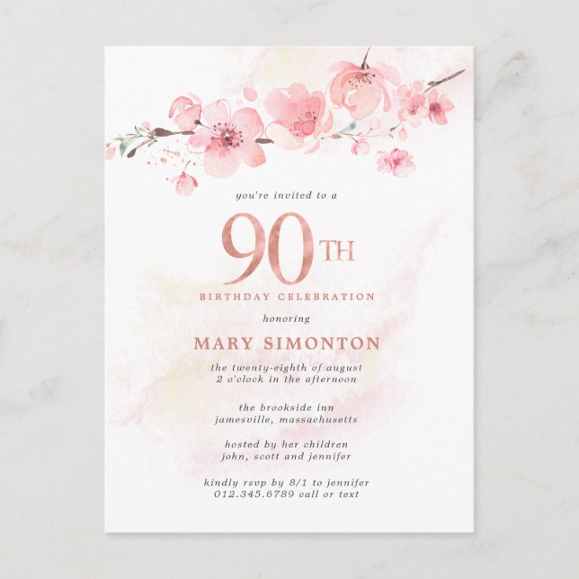 Blush Pink Floral 90th Birthday Invitation Postcard (Front)