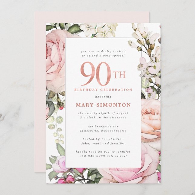 Blush Pink Floral 90th Birthday Party Invitation (Front/Back)