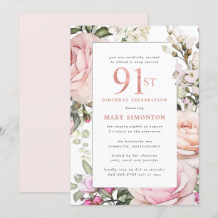 Blush Pink Floral 91st Birthday Party Invitation