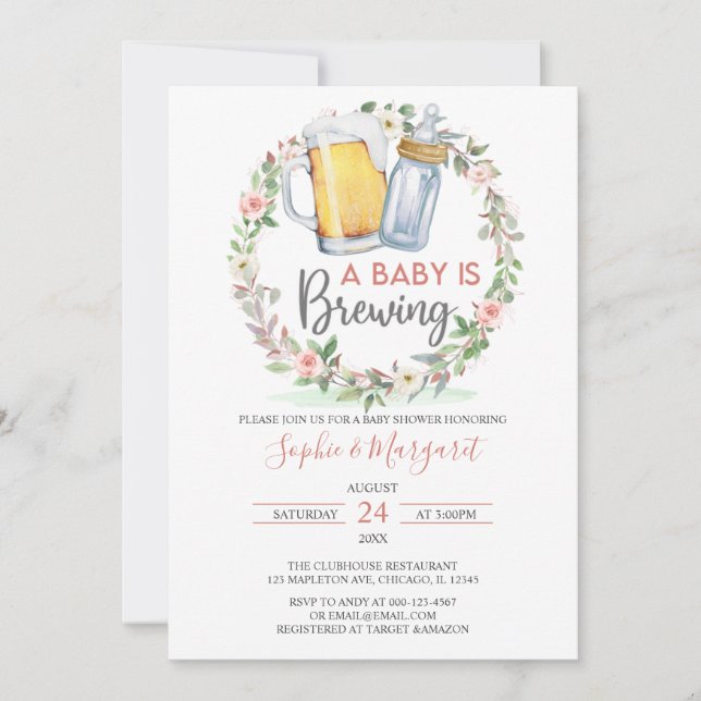 Blush Pink Floral A Baby Is Brewing Baby Shower Invitation (Front)