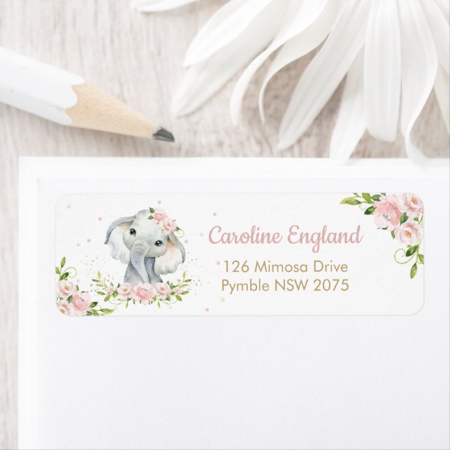 Blush Pink Floral Adorable Elephant Return Address (Insitu)