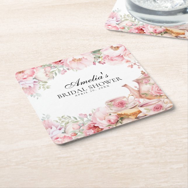Blush Pink Floral Afternoon Tea Party Square Paper Coaster (Angled)