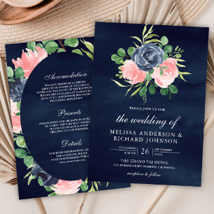 Blush Pink Floral All in One Navy Blue Wedding Invitation