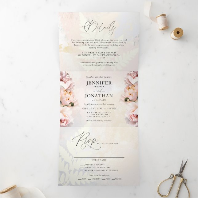Blush Pink Floral All in One Wedding Tri-Fold Invitation (Inside)