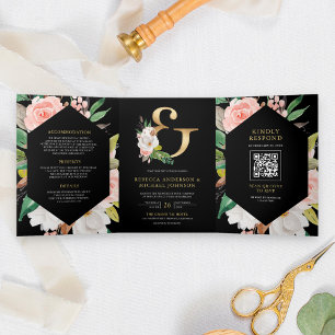 Blush Pink Floral Ampersand Black QR Code Wedding Tri-Fold Invitation