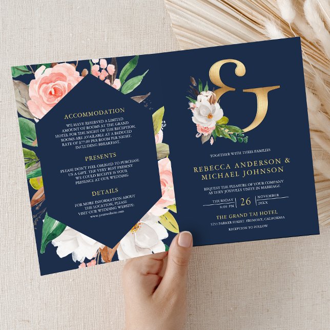 Blush Pink Floral Ampersand Navy QR Code Wedding Invitation (Creator Uploaded)
