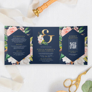 Blush Pink Floral Ampersand Navy QR Code Wedding Tri-Fold Invitation