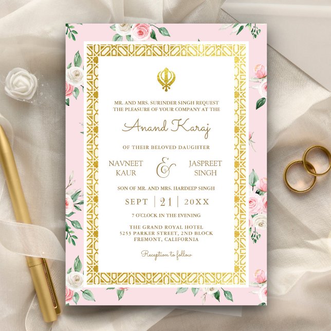 Blush Pink Floral Anand Karaj Punjabi Sikh Wedding Invitation (Creator Uploaded)