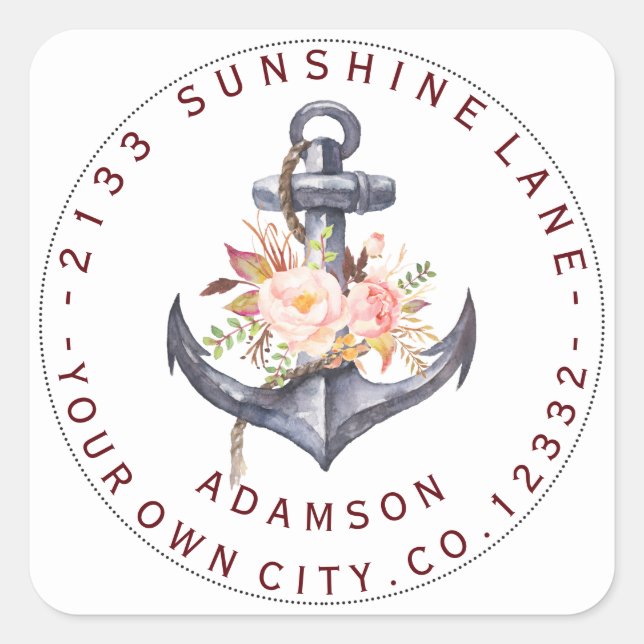 Blush Pink Floral Anchor Circular Address Label (Front)