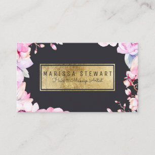 Blush Pink Floral and Black Gold Business Card