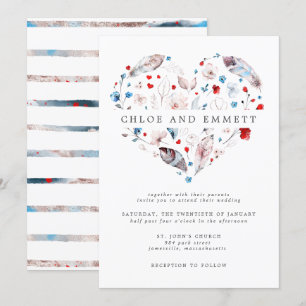 Blush Pink Floral and Feather Boho Heart Wedding Invitation
