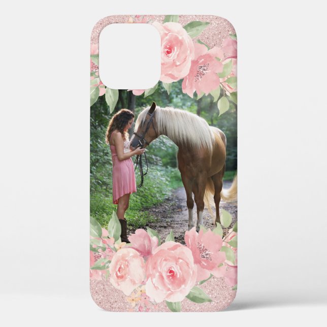 Blush Pink Floral and Glitter Pet Horse Photo Case-Mate iPhone Case (Back)