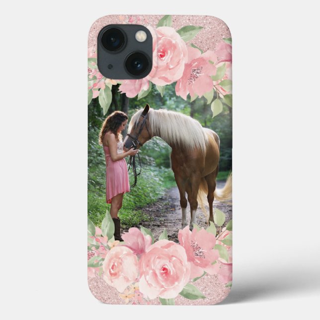 Blush Pink Floral and Glitter Pet Horse Photo Case-Mate iPhone Case (Back)